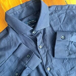 ZARA‎ MAN Slim Fit Button-Up Shirt Men's Size Large Navy Blue Long Sleeve